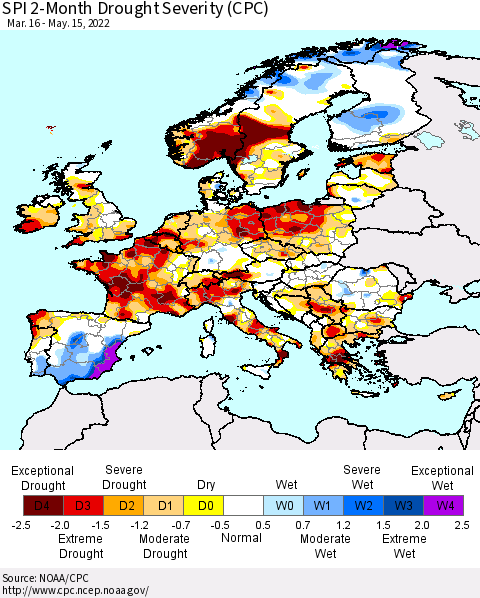 Europe SPI 2-Month Drought Severity (CPC) Thematic Map For 3/16/2022 - 5/15/2022