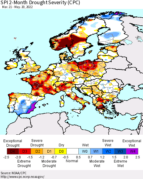 Europe SPI 2-Month Drought Severity (CPC) Thematic Map For 3/21/2022 - 5/20/2022