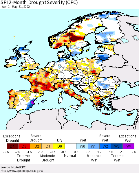 Europe SPI 2-Month Drought Severity (CPC) Thematic Map For 4/1/2022 - 5/31/2022