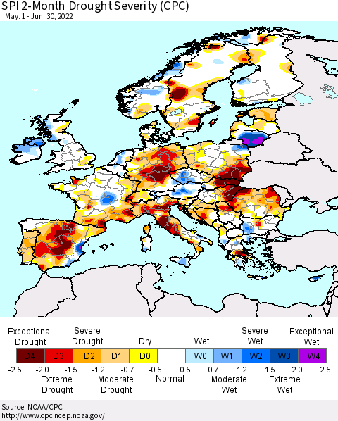 Europe SPI 2-Month Drought Severity (CPC) Thematic Map For 5/1/2022 - 6/30/2022