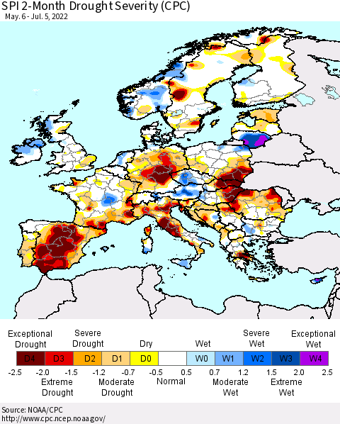 Europe SPI 2-Month Drought Severity (CPC) Thematic Map For 5/6/2022 - 7/5/2022