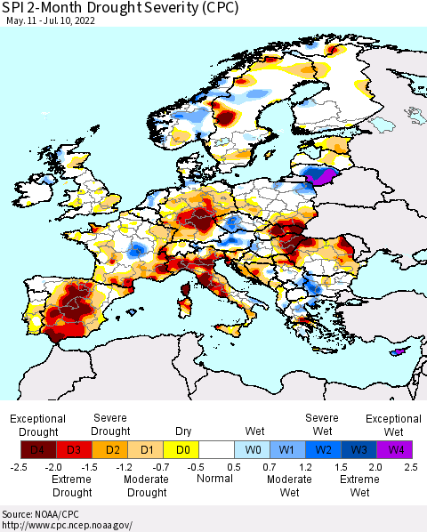 Europe SPI 2-Month Drought Severity (CPC) Thematic Map For 5/11/2022 - 7/10/2022