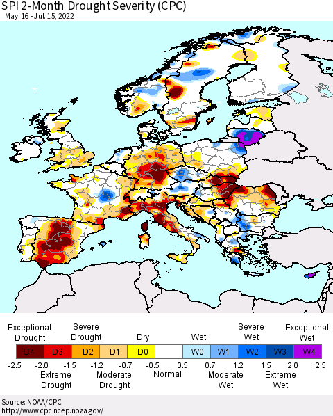 Europe SPI 2-Month Drought Severity (CPC) Thematic Map For 5/16/2022 - 7/15/2022