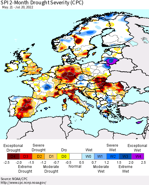 Europe SPI 2-Month Drought Severity (CPC) Thematic Map For 5/21/2022 - 7/20/2022