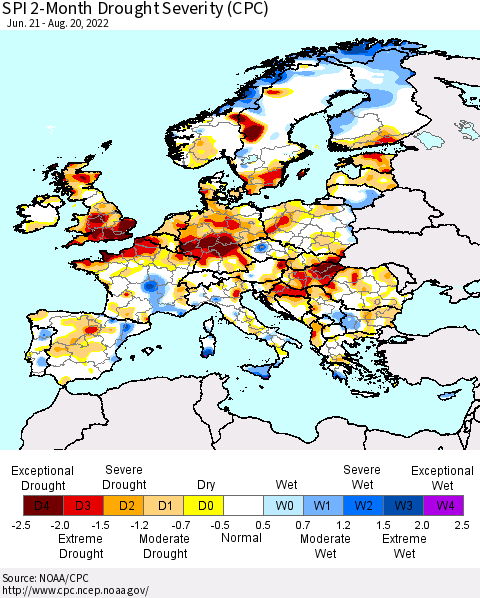 Europe SPI 2-Month Drought Severity (CPC) Thematic Map For 6/21/2022 - 8/20/2022
