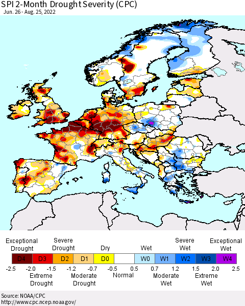 Europe SPI 2-Month Drought Severity (CPC) Thematic Map For 6/26/2022 - 8/25/2022