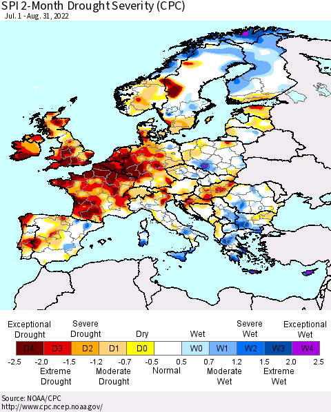 Europe SPI 2-Month Drought Severity (CPC) Thematic Map For 7/1/2022 - 8/31/2022