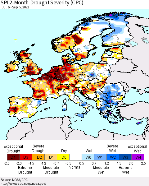 Europe SPI 2-Month Drought Severity (CPC) Thematic Map For 7/6/2022 - 9/5/2022