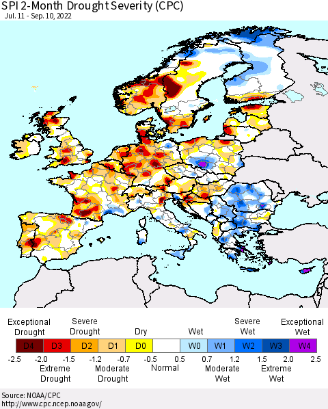 Europe SPI 2-Month Drought Severity (CPC) Thematic Map For 7/11/2022 - 9/10/2022