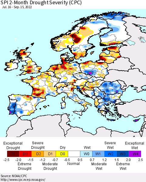 Europe SPI 2-Month Drought Severity (CPC) Thematic Map For 7/16/2022 - 9/15/2022