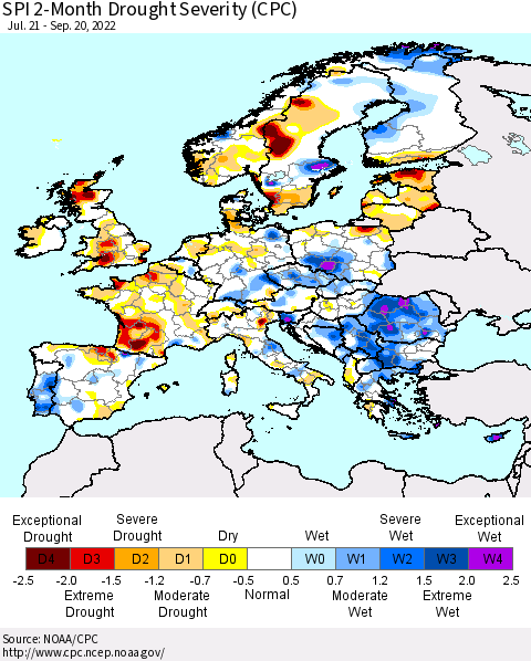 Europe SPI 2-Month Drought Severity (CPC) Thematic Map For 7/21/2022 - 9/20/2022