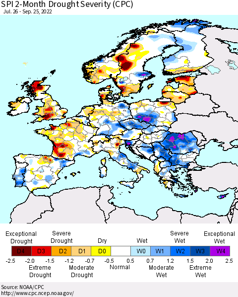 Europe SPI 2-Month Drought Severity (CPC) Thematic Map For 7/26/2022 - 9/25/2022