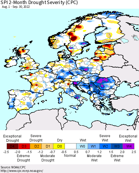 Europe SPI 2-Month Drought Severity (CPC) Thematic Map For 8/1/2022 - 9/30/2022