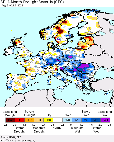 Europe SPI 2-Month Drought Severity (CPC) Thematic Map For 8/6/2022 - 10/5/2022