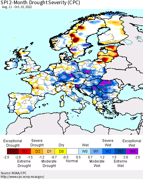 Europe SPI 2-Month Drought Severity (CPC) Thematic Map For 8/11/2022 - 10/10/2022
