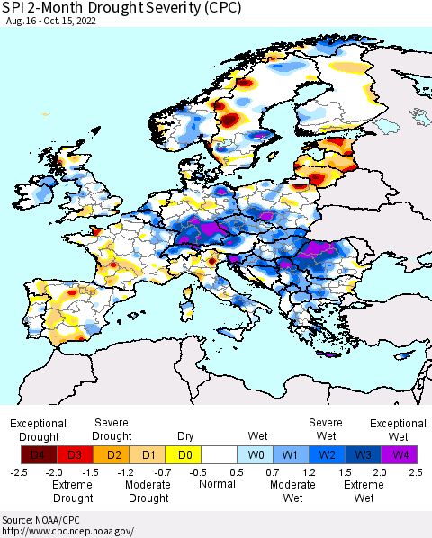 Europe SPI 2-Month Drought Severity (CPC) Thematic Map For 8/16/2022 - 10/15/2022
