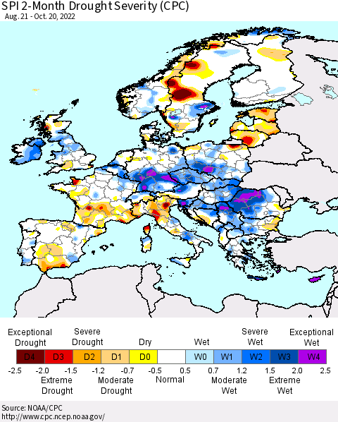 Europe SPI 2-Month Drought Severity (CPC) Thematic Map For 8/21/2022 - 10/20/2022