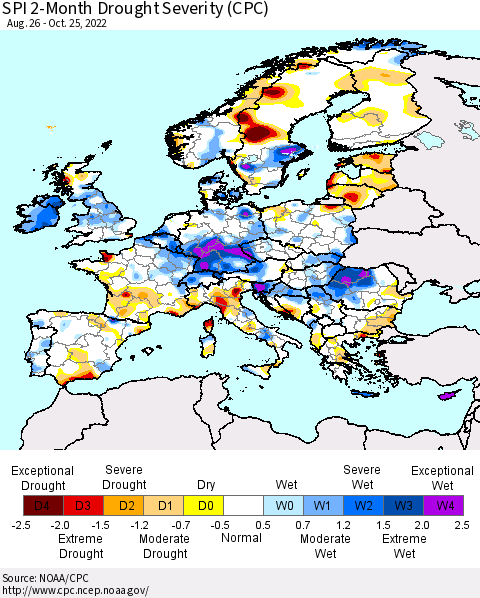 Europe SPI 2-Month Drought Severity (CPC) Thematic Map For 8/26/2022 - 10/25/2022