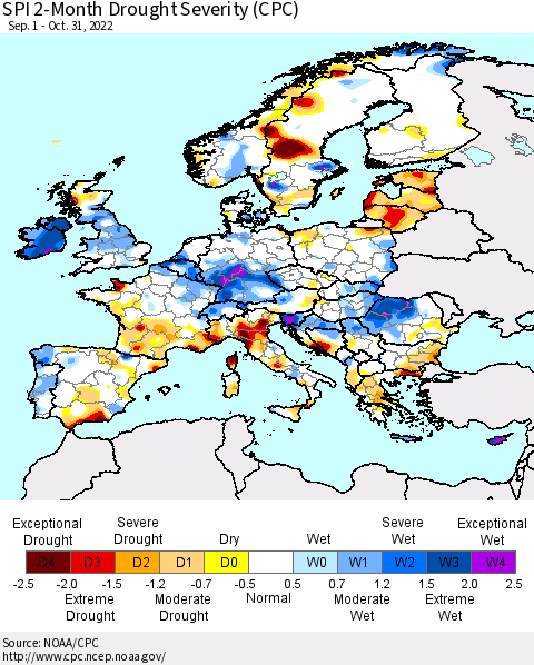 Europe SPI 2-Month Drought Severity (CPC) Thematic Map For 9/1/2022 - 10/31/2022