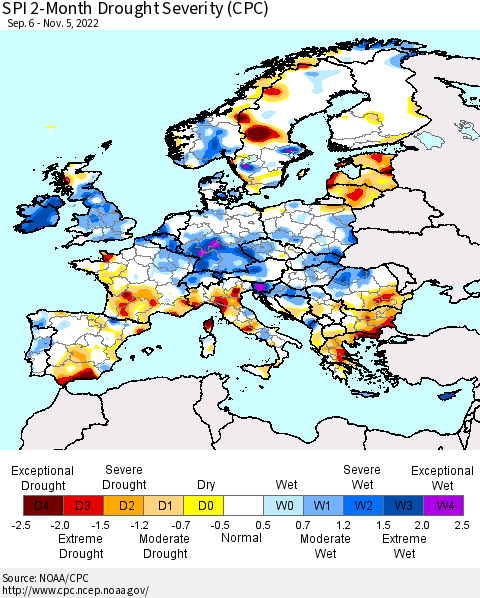 Europe SPI 2-Month Drought Severity (CPC) Thematic Map For 9/6/2022 - 11/5/2022