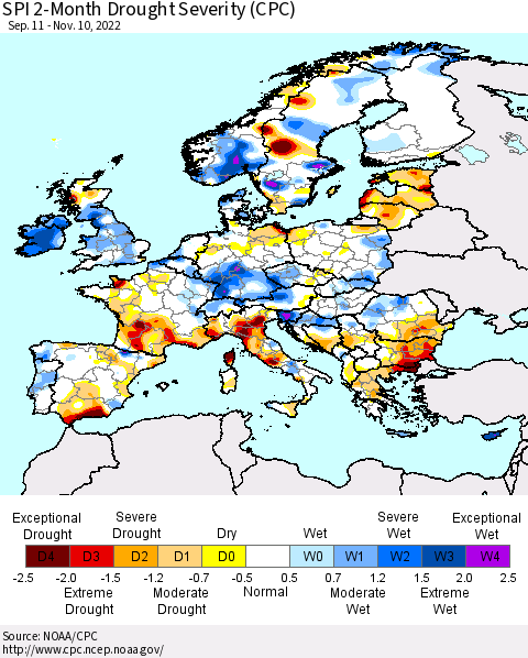 Europe SPI 2-Month Drought Severity (CPC) Thematic Map For 9/11/2022 - 11/10/2022