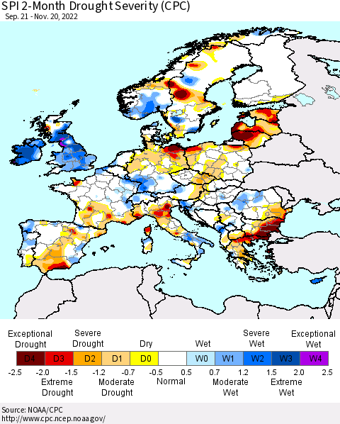 Europe SPI 2-Month Drought Severity (CPC) Thematic Map For 9/21/2022 - 11/20/2022