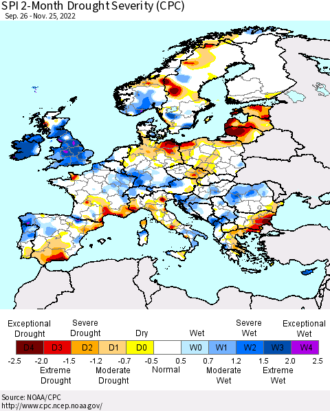 Europe SPI 2-Month Drought Severity (CPC) Thematic Map For 9/26/2022 - 11/25/2022