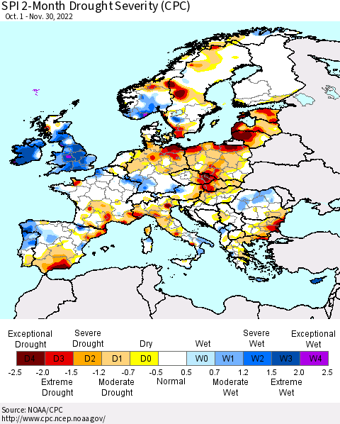 Europe SPI 2-Month Drought Severity (CPC) Thematic Map For 10/1/2022 - 11/30/2022