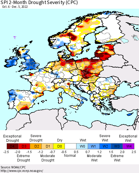 Europe SPI 2-Month Drought Severity (CPC) Thematic Map For 10/6/2022 - 12/5/2022