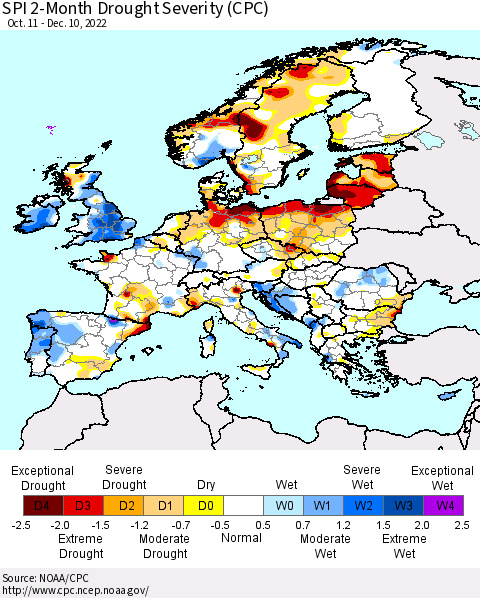 Europe SPI 2-Month Drought Severity (CPC) Thematic Map For 10/11/2022 - 12/10/2022