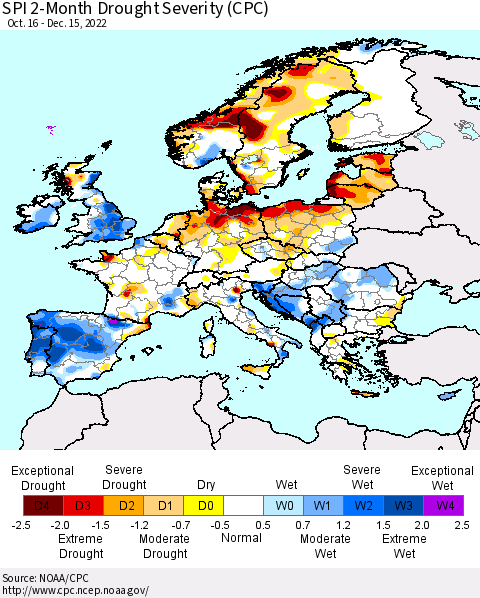 Europe SPI 2-Month Drought Severity (CPC) Thematic Map For 10/16/2022 - 12/15/2022