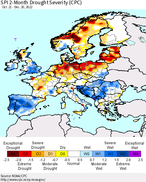 Europe SPI 2-Month Drought Severity (CPC) Thematic Map For 10/21/2022 - 12/20/2022