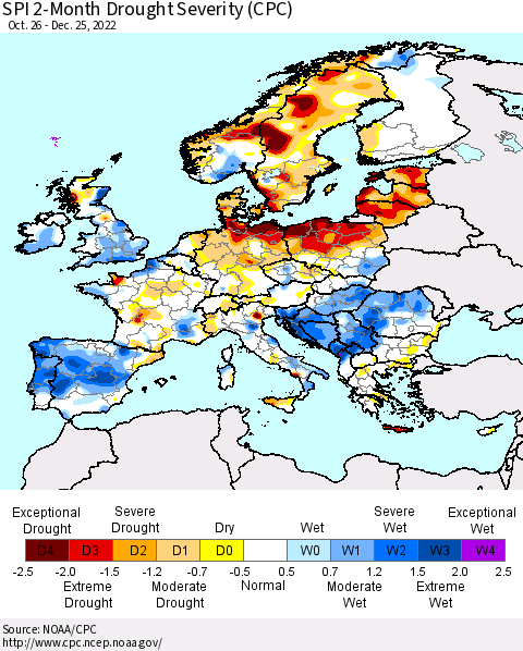Europe SPI 2-Month Drought Severity (CPC) Thematic Map For 10/26/2022 - 12/25/2022