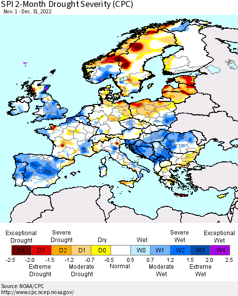 Europe SPI 2-Month Drought Severity (CPC) Thematic Map For 11/1/2022 - 12/31/2022