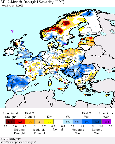 Europe SPI 2-Month Drought Severity (CPC) Thematic Map For 11/6/2022 - 1/5/2023