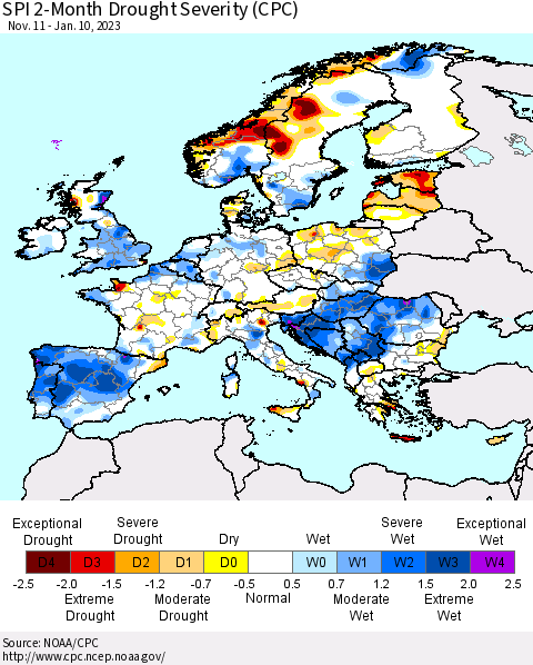 Europe SPI 2-Month Drought Severity (CPC) Thematic Map For 11/11/2022 - 1/10/2023