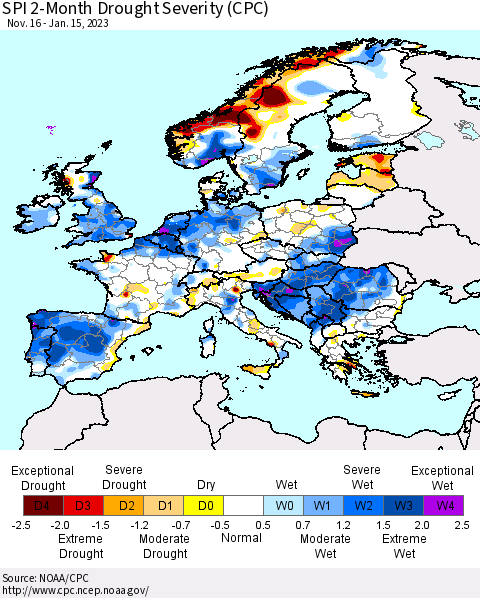 Europe SPI 2-Month Drought Severity (CPC) Thematic Map For 11/16/2022 - 1/15/2023