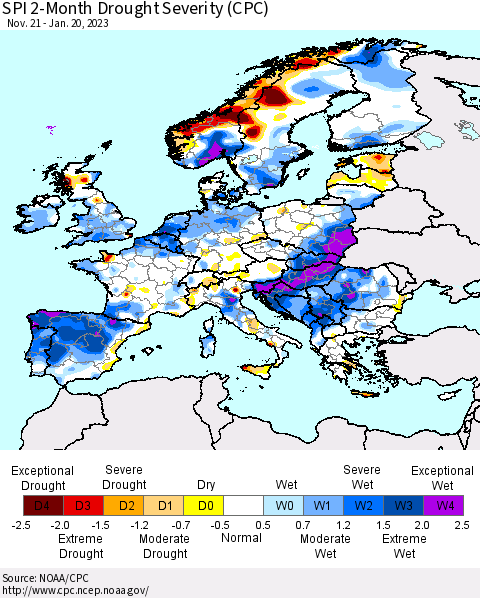 Europe SPI 2-Month Drought Severity (CPC) Thematic Map For 11/21/2022 - 1/20/2023