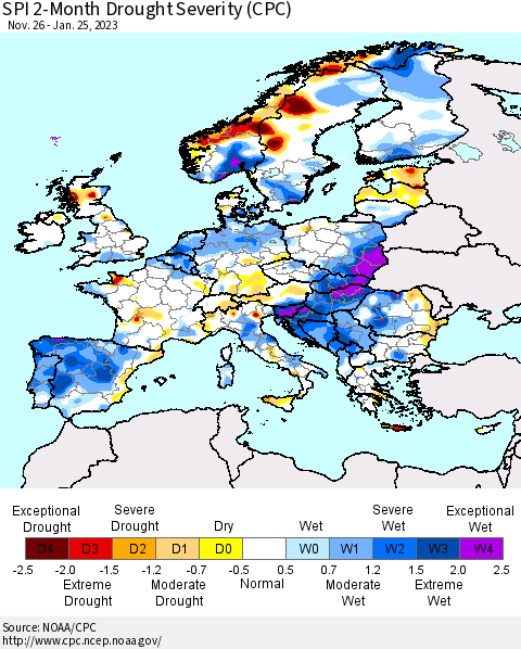 Europe SPI 2-Month Drought Severity (CPC) Thematic Map For 11/26/2022 - 1/25/2023