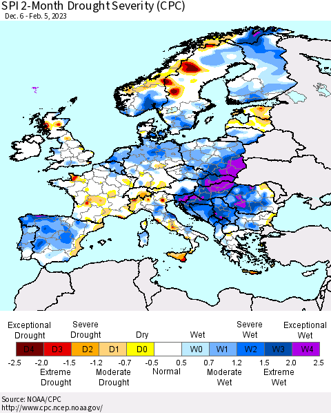 Europe SPI 2-Month Drought Severity (CPC) Thematic Map For 12/6/2022 - 2/5/2023