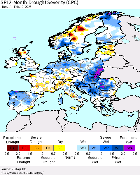 Europe SPI 2-Month Drought Severity (CPC) Thematic Map For 12/11/2022 - 2/10/2023