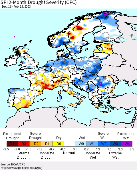 Europe SPI 2-Month Drought Severity (CPC) Thematic Map For 12/16/2022 - 2/15/2023