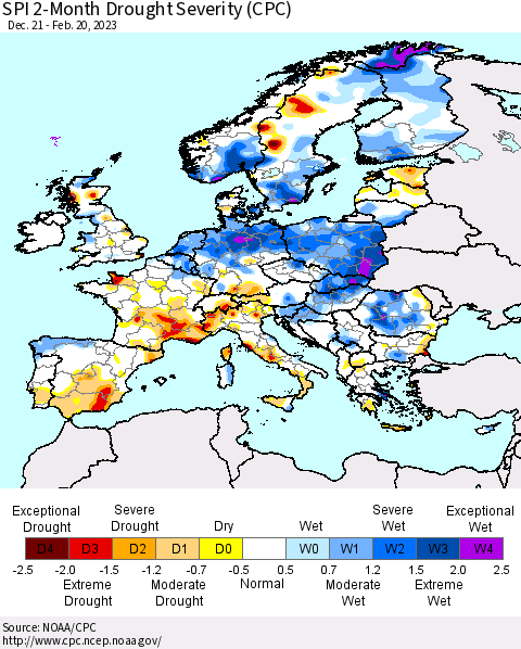 Europe SPI 2-Month Drought Severity (CPC) Thematic Map For 12/21/2022 - 2/20/2023