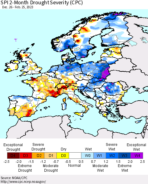 Europe SPI 2-Month Drought Severity (CPC) Thematic Map For 12/26/2022 - 2/25/2023