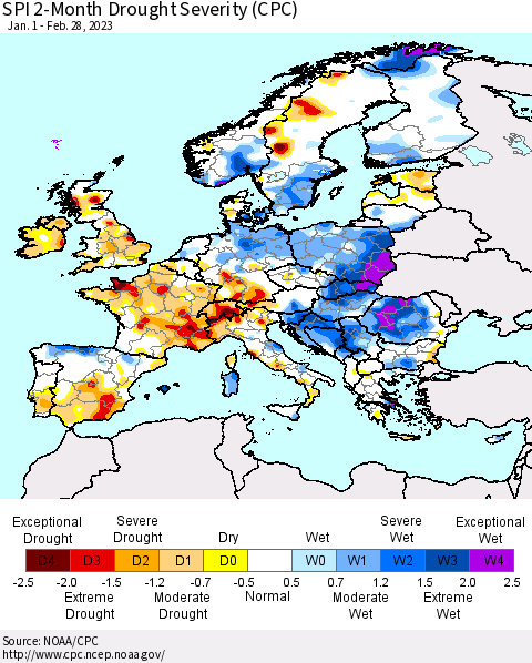 Europe SPI 2-Month Drought Severity (CPC) Thematic Map For 1/1/2023 - 2/28/2023