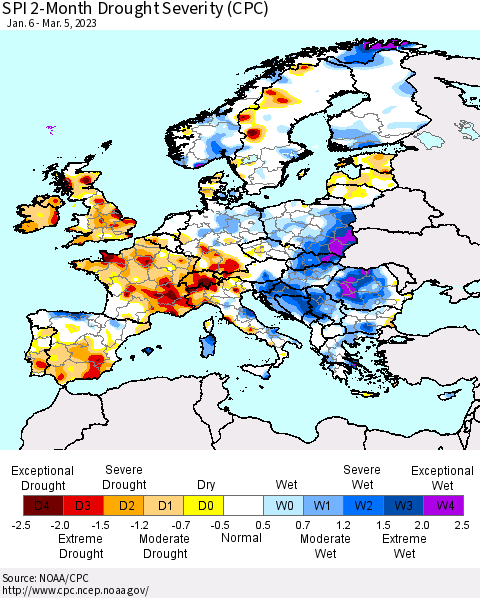 Europe SPI 2-Month Drought Severity (CPC) Thematic Map For 1/6/2023 - 3/5/2023