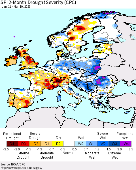 Europe SPI 2-Month Drought Severity (CPC) Thematic Map For 1/11/2023 - 3/10/2023