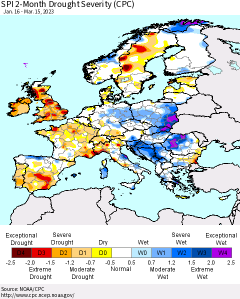 Europe SPI 2-Month Drought Severity (CPC) Thematic Map For 1/16/2023 - 3/15/2023