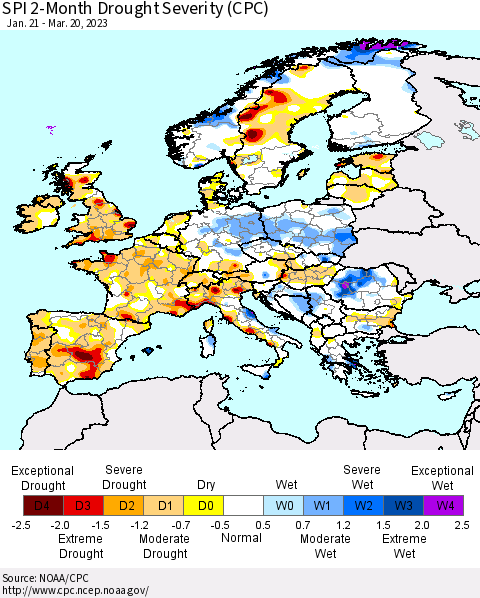 Europe SPI 2-Month Drought Severity (CPC) Thematic Map For 1/21/2023 - 3/20/2023