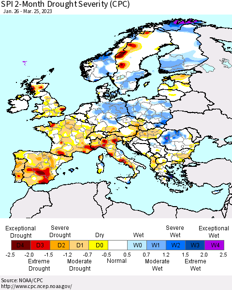 Europe SPI 2-Month Drought Severity (CPC) Thematic Map For 1/26/2023 - 3/25/2023